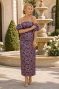 Off-Shoulder Puff-Sleeve Jacquard Column Dress
