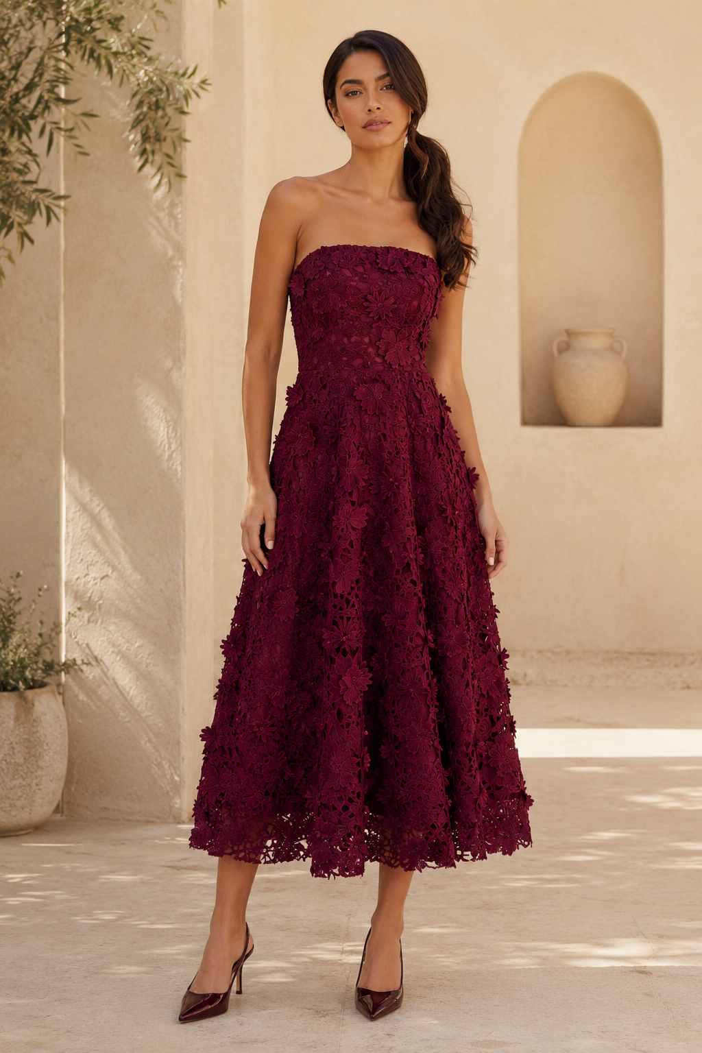 Strapless 3D Floral Lace A-Line Tea-Length Dress
