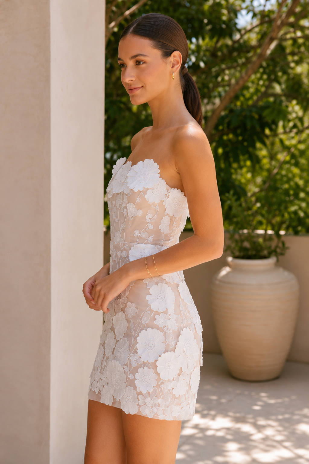 Strapless 3D Floral Applique Mini Dress