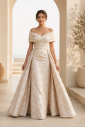 Off-the-Shoulder Jacquard A-Line Gown with Pleated Bodice
