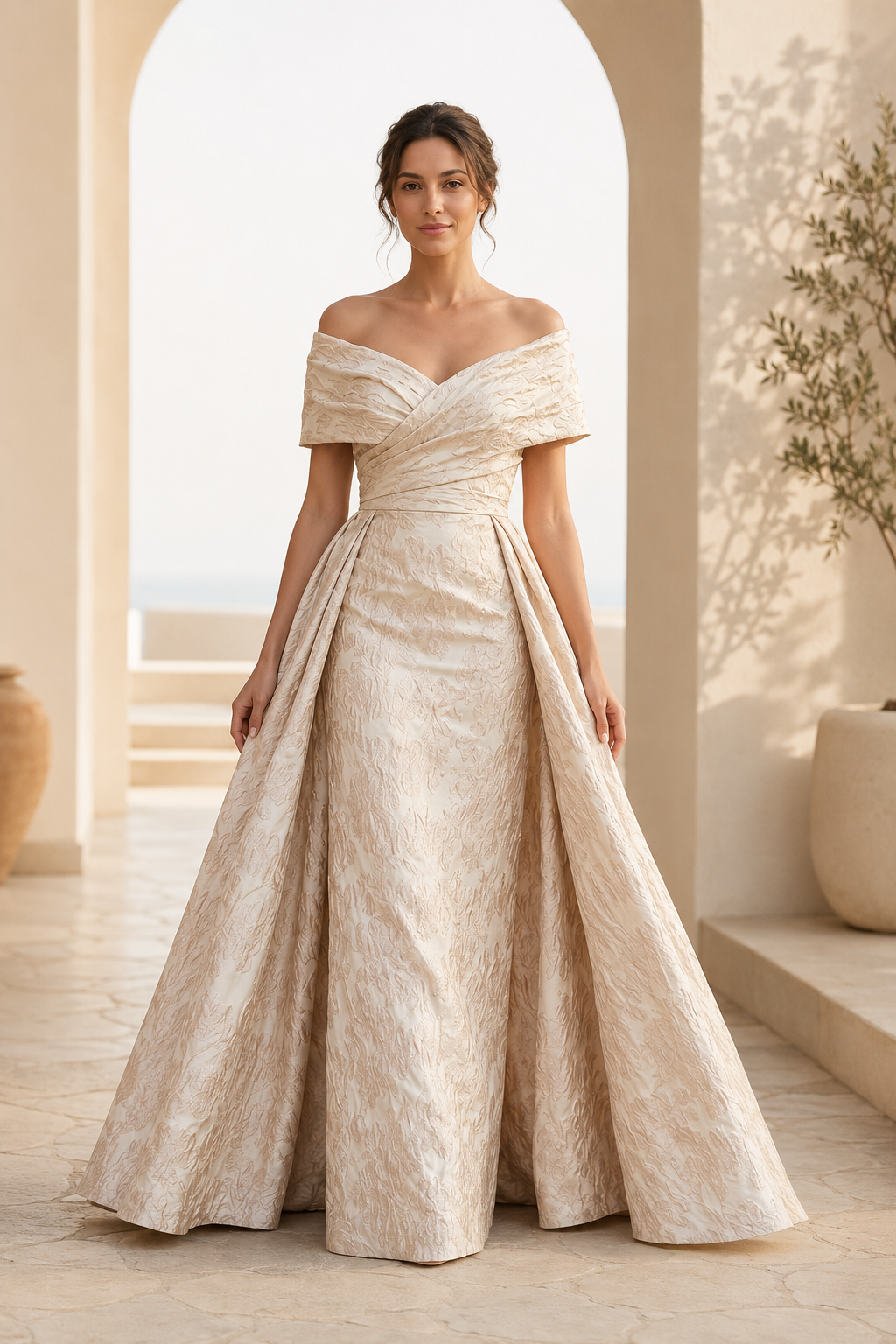 Off-the-Shoulder Jacquard A-Line Gown with Pleated Bodice