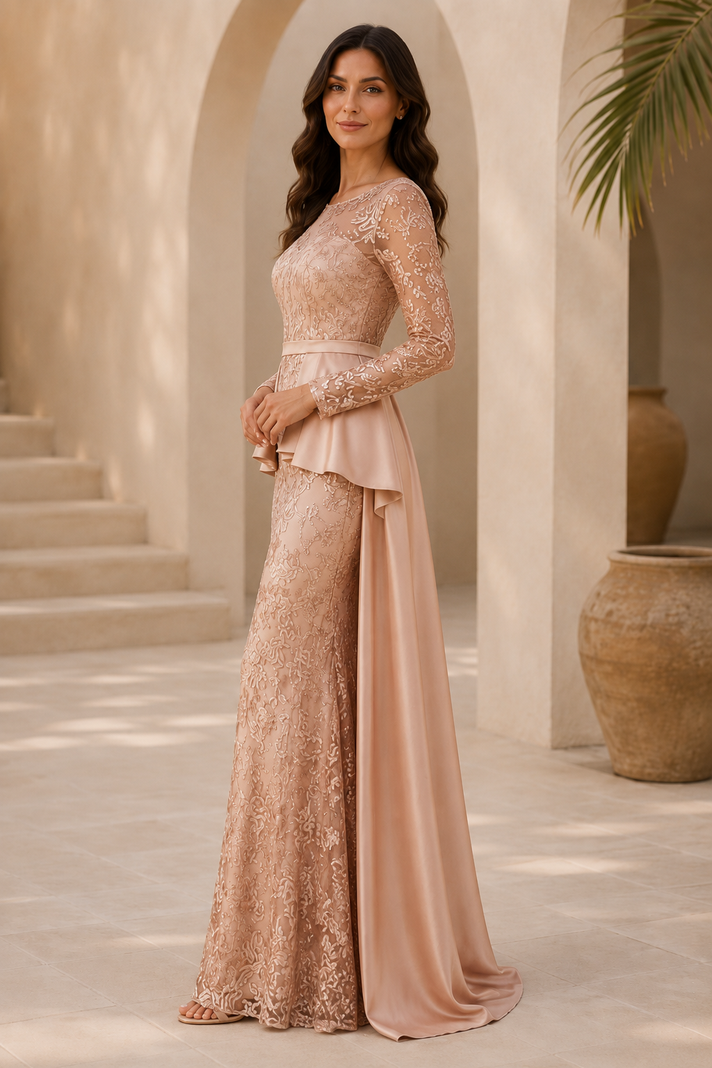 Illusion Lace Mermaid Gown with Satin Overskirt Train