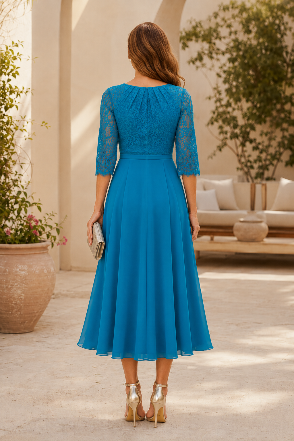 A-Line Lace and Chiffon Midi Dress