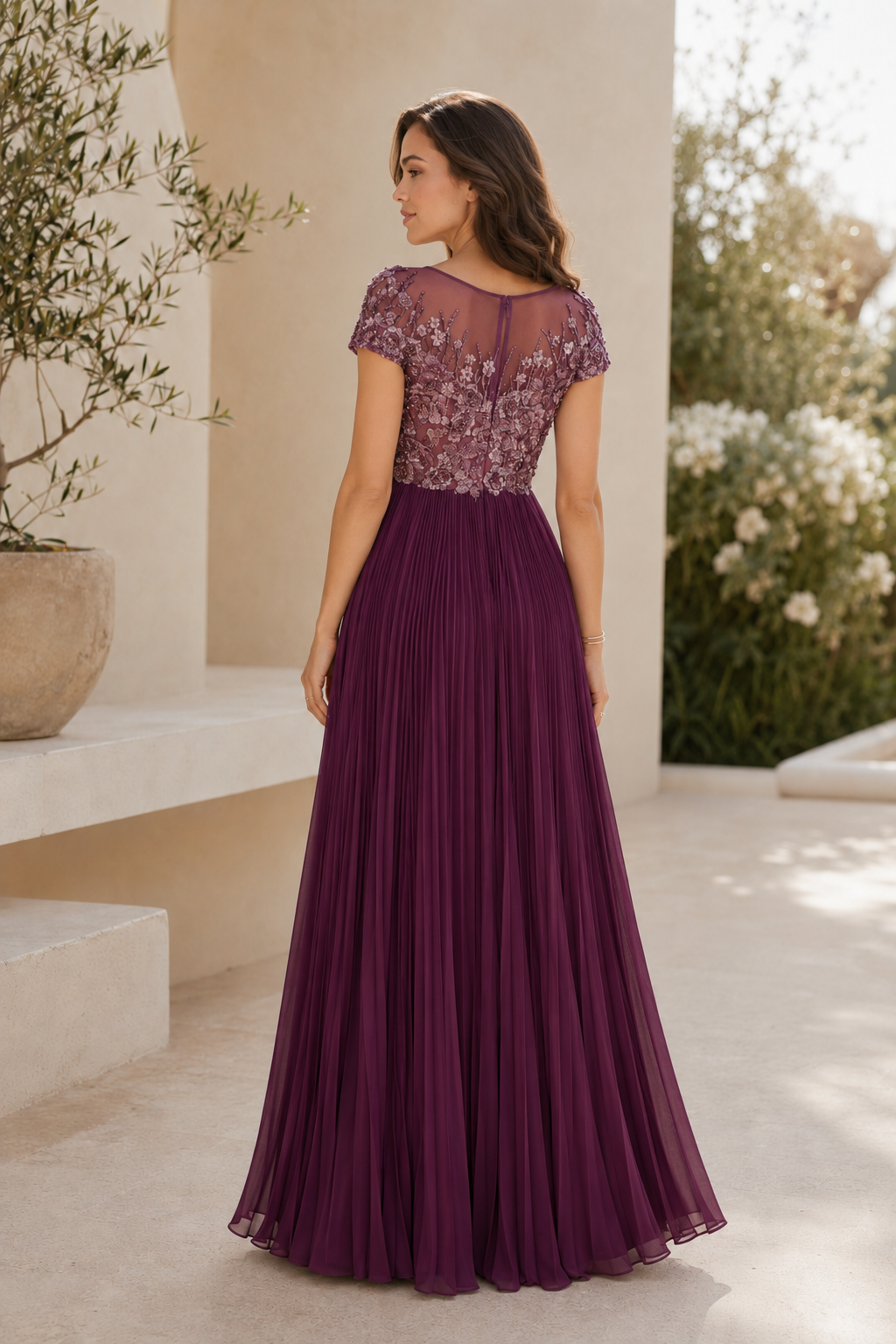 Illusion Neckline Floral Applique Pleated Maxi Dress