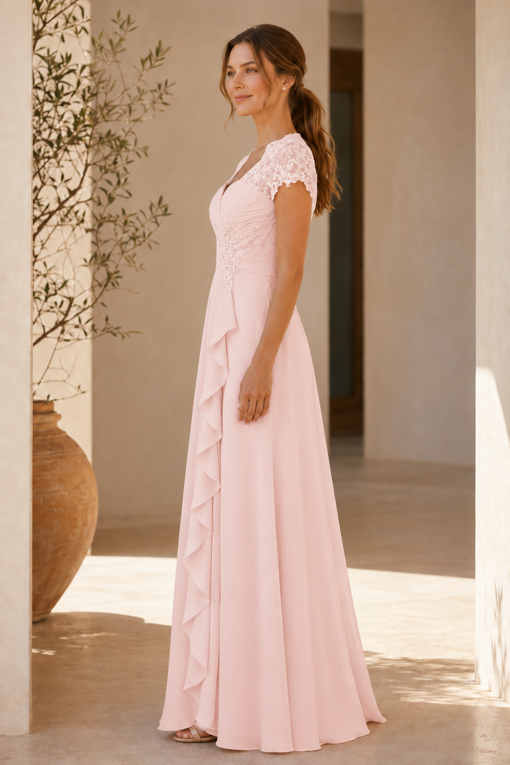 Lace Cap Sleeve Ruched Maxi Dress with Ruffle