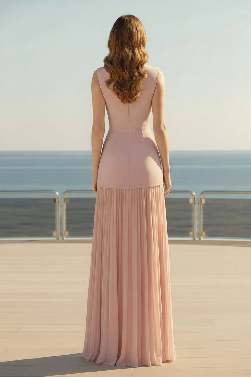 Sleeveless Pleated Floor-Length Gown