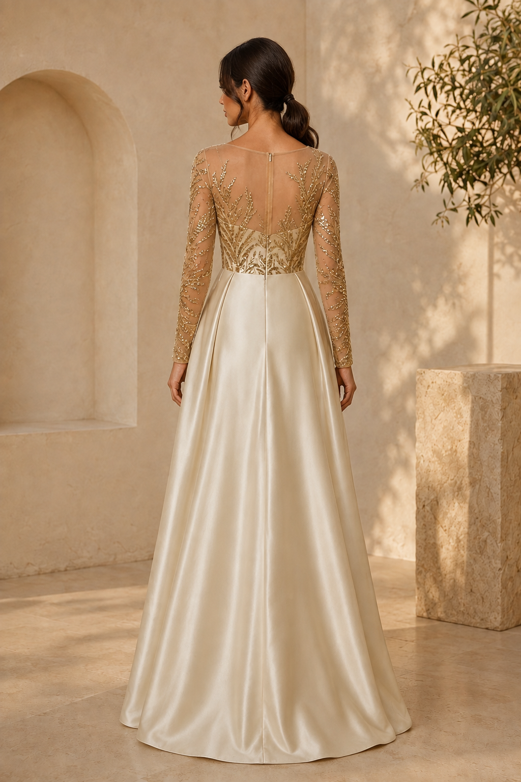 Sequined Long Sleeve Illusion A-Line Evening Gown
