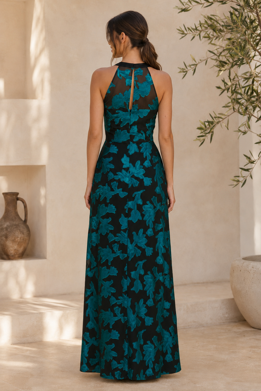 Floral Jacquard Halter Gown with Illusion Back