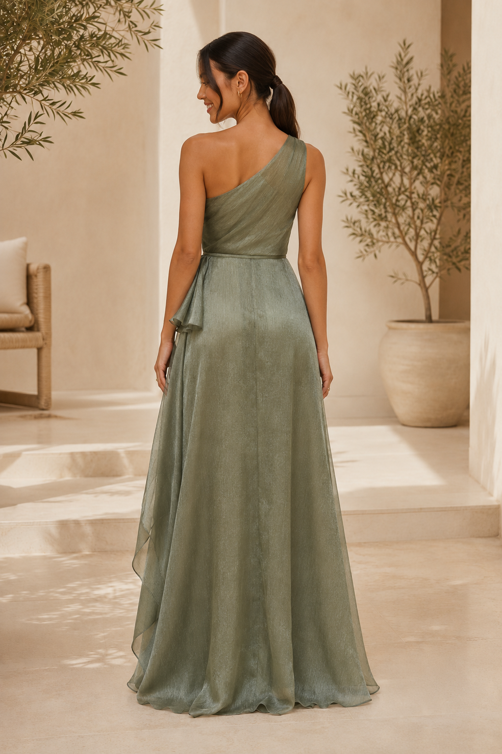 One Shoulder Pleated A-Line Evening Gown