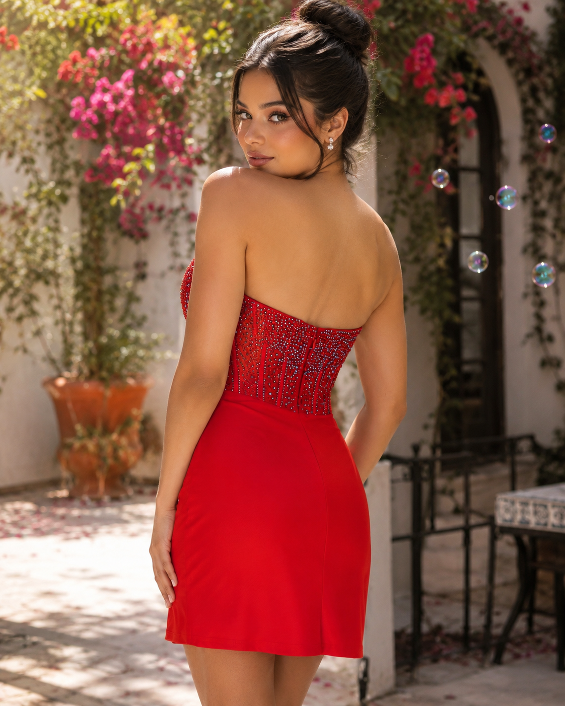 Strapless Beaded Corset Satin Mini Dress