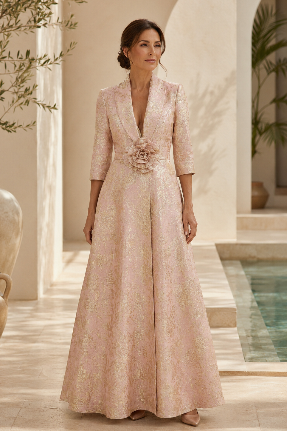 Elegant Metallic Jacquard A-Line Evening Gown