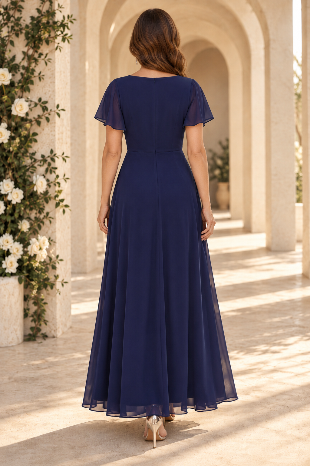 V-Neck Flutter Sleeve A-Line Gown with Crystal Detail