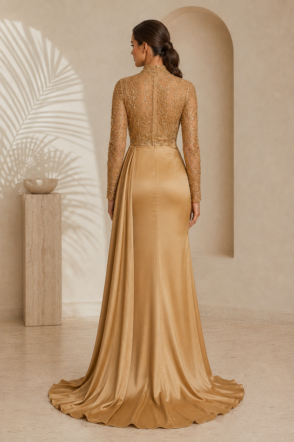 Embellished Illusion Gown with Side Drape