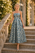 Strapless Floral Jacquard Tea-Length A-Line Dress