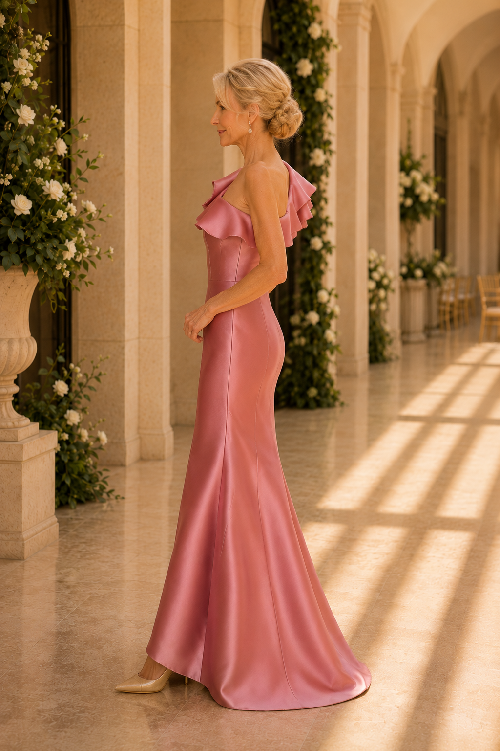 One-Shoulder Ruffled Satin Mermaid Evening Gown