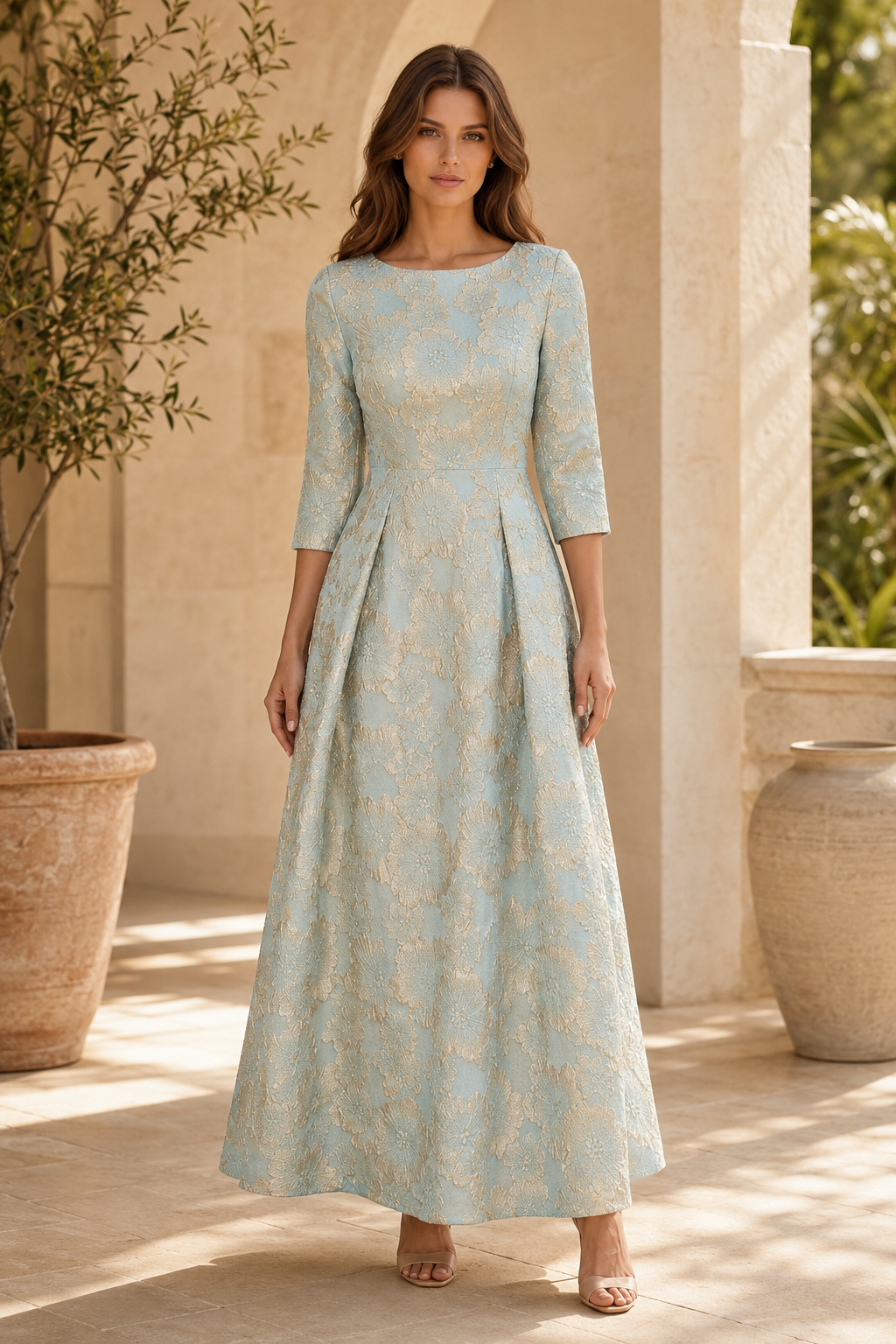 Bateau Neck 3/4 Sleeve Brocade A-Line Maxi Dress