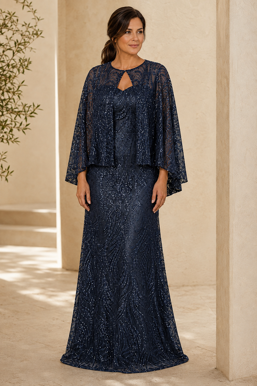 Sequin Cape Overlay Floor-Length Evening Gown