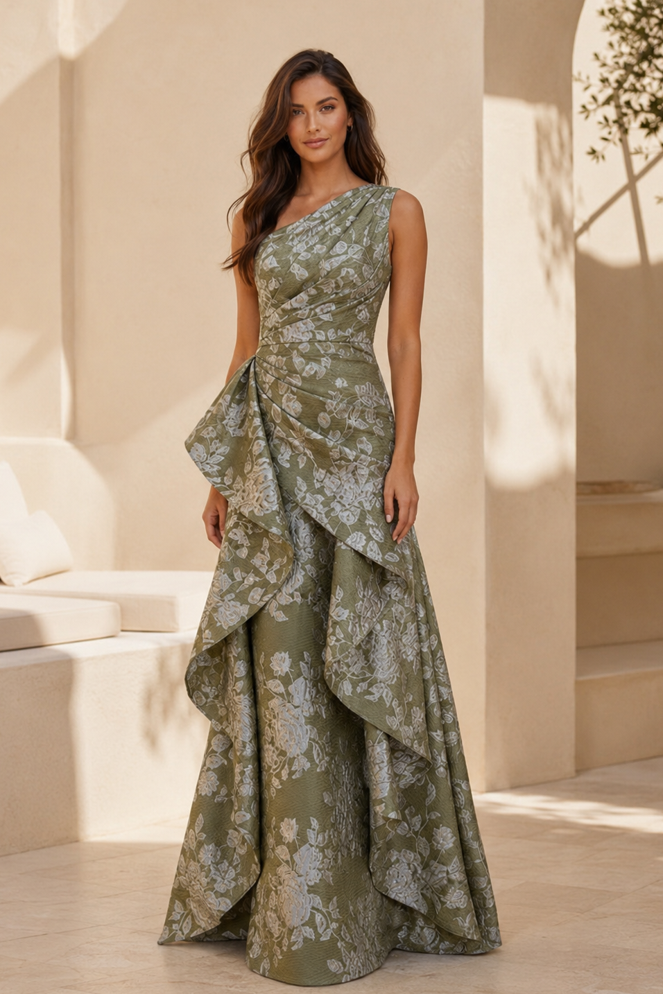 One Shoulder Floral Jacquard Ruffle Evening Gown