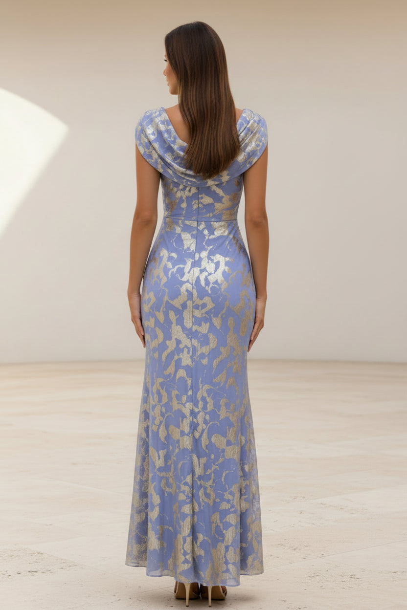 Cowl Neck Metallic Draped Evening Gown
