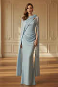 Ruched Satin Column Gown with Sheer Cape
