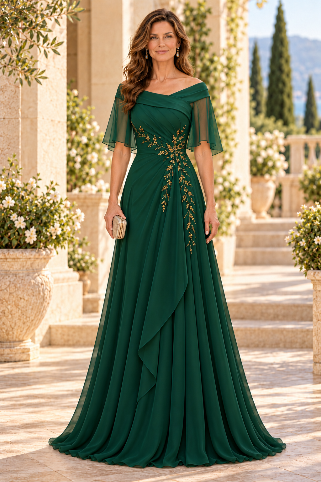 Embroidered Off-the-Shoulder A-Line Gown