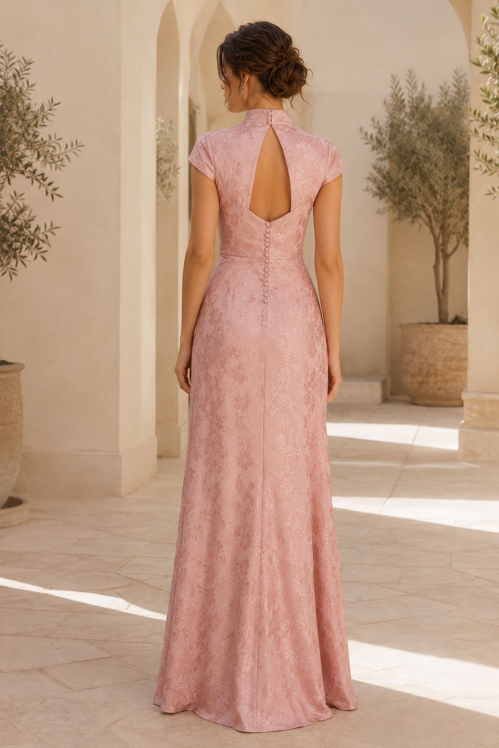 Floral Jacquard Mandarin Collar Evening Gown
