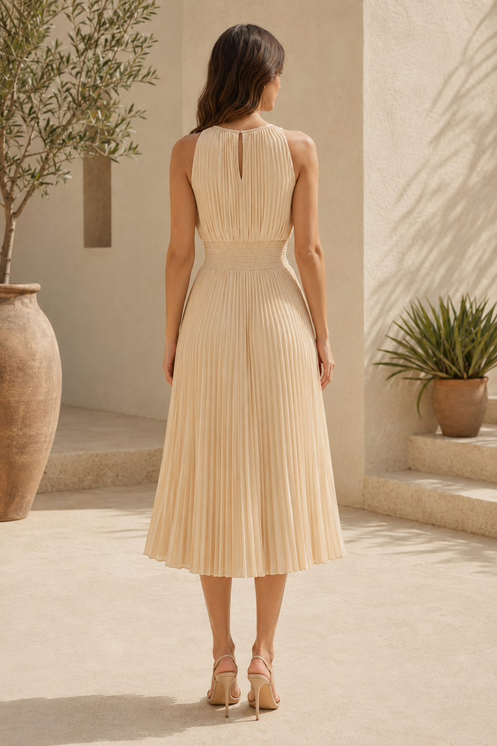 Pleated Halter Neck Smocked Waist Midi Dress