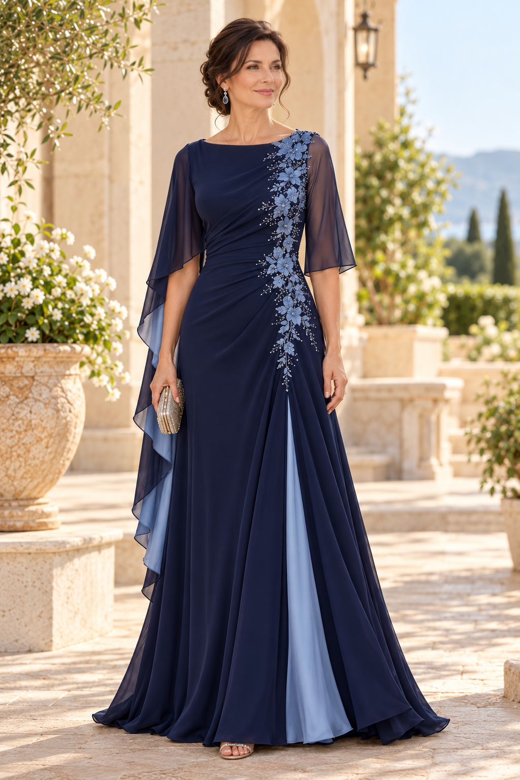 Embroidered Capelet Gown with Inset Skirt