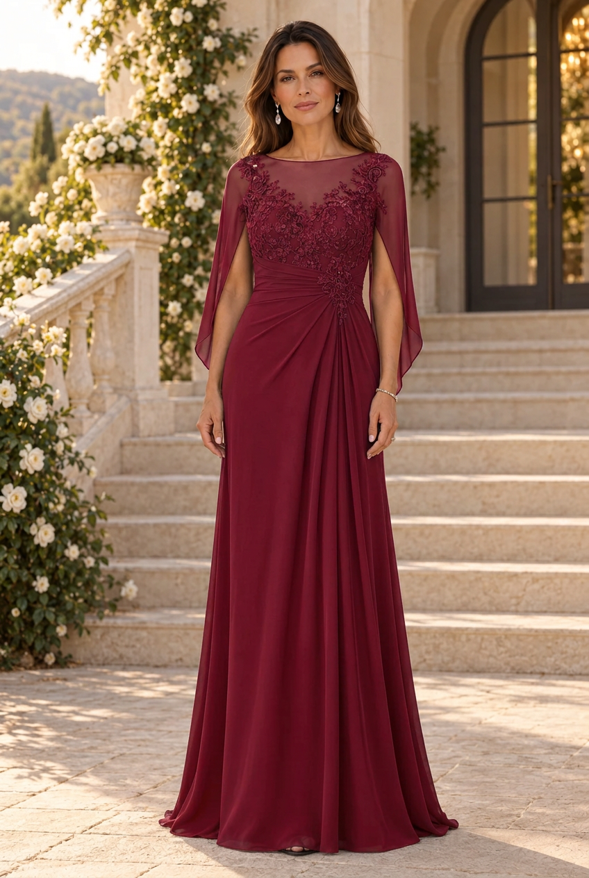 Illusion Neckline Cape Evening Gown with Appliques