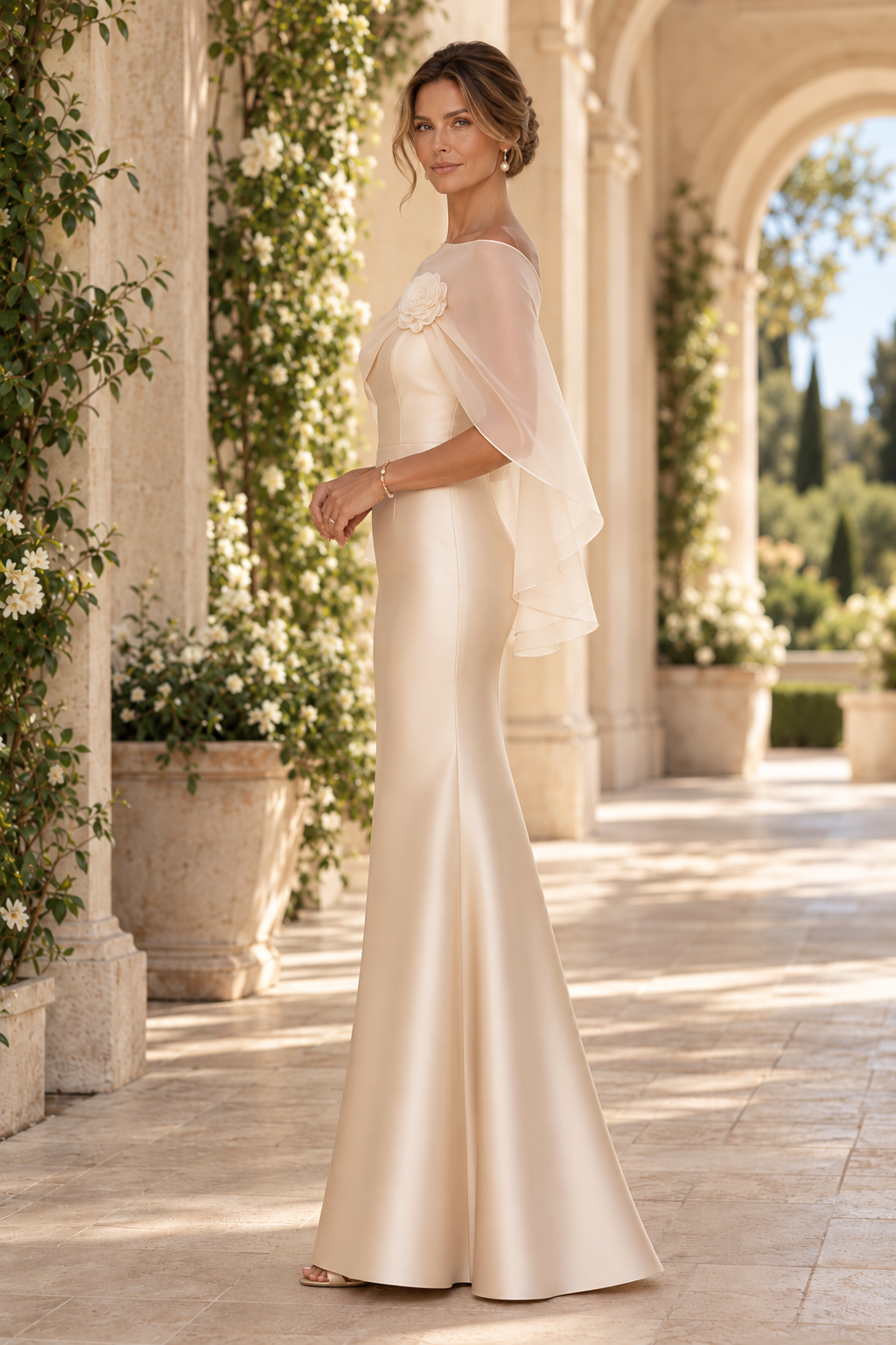 Trumpet Evening Gown with Sheer Floral Capelet