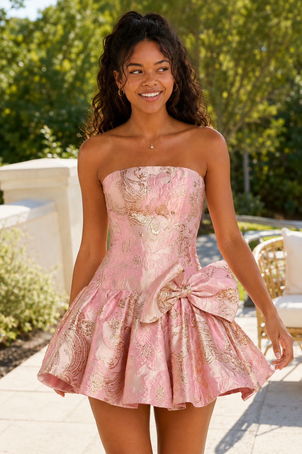 Strapless Jacquard Pleated Mini Dress with Bow