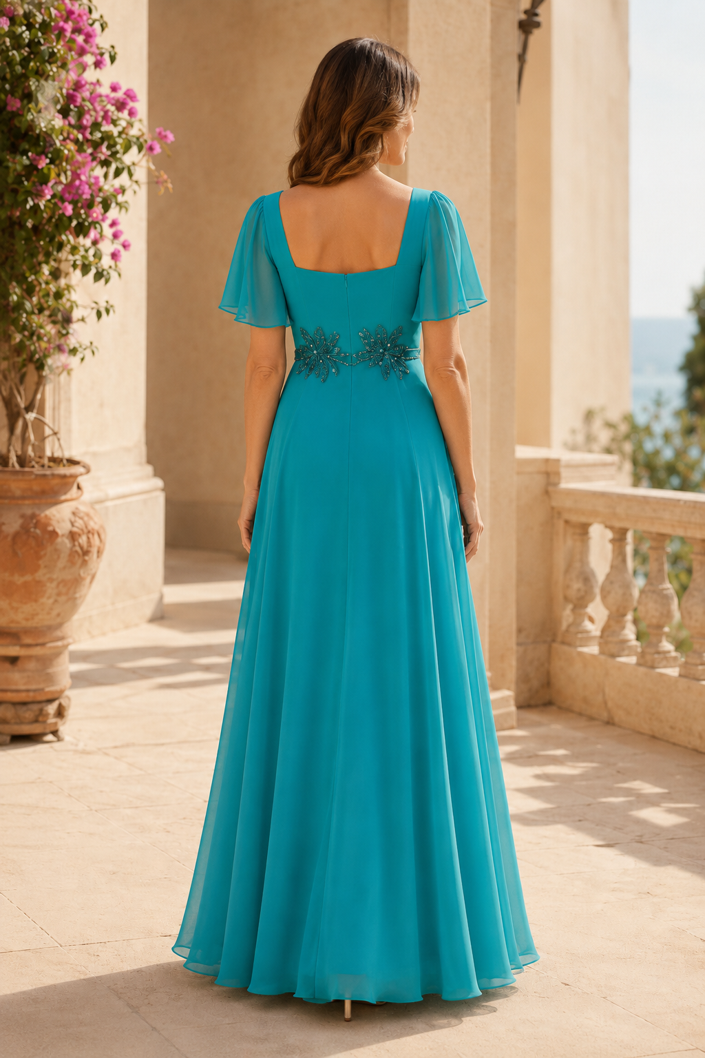 Square Neck Chiffon A-Line Dress with Flutter Sleeves