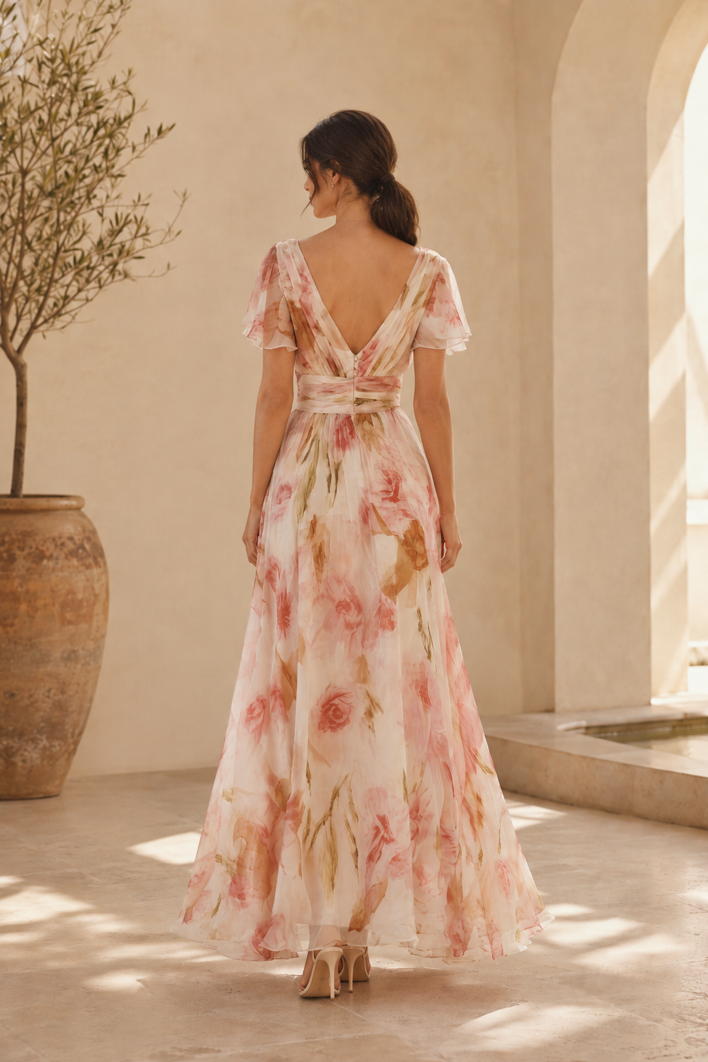 Floral Print V-Neck Maxi Dress with Flutter Sleeves