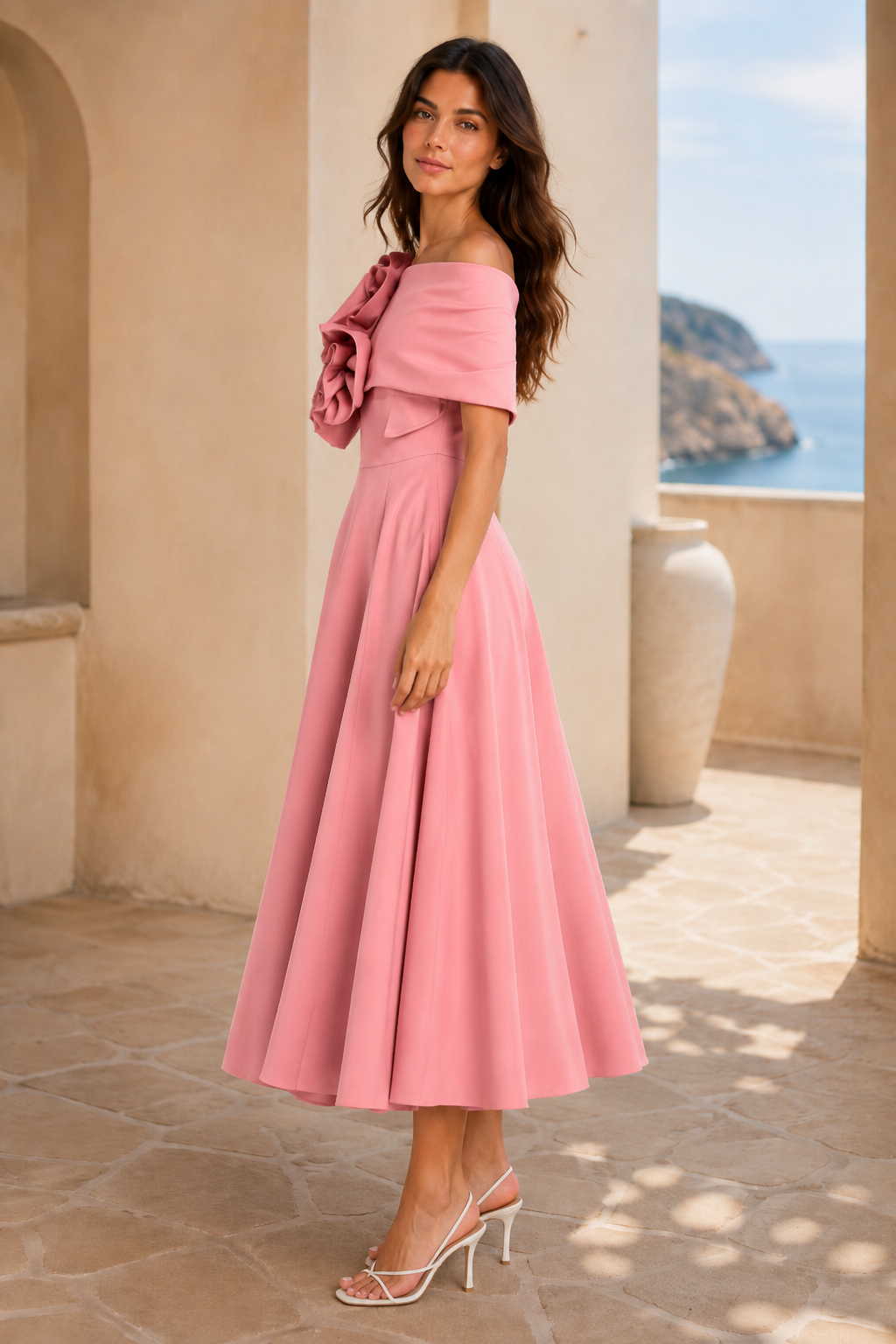 Off-Shoulder Floral Applique A-Line Midi Dress