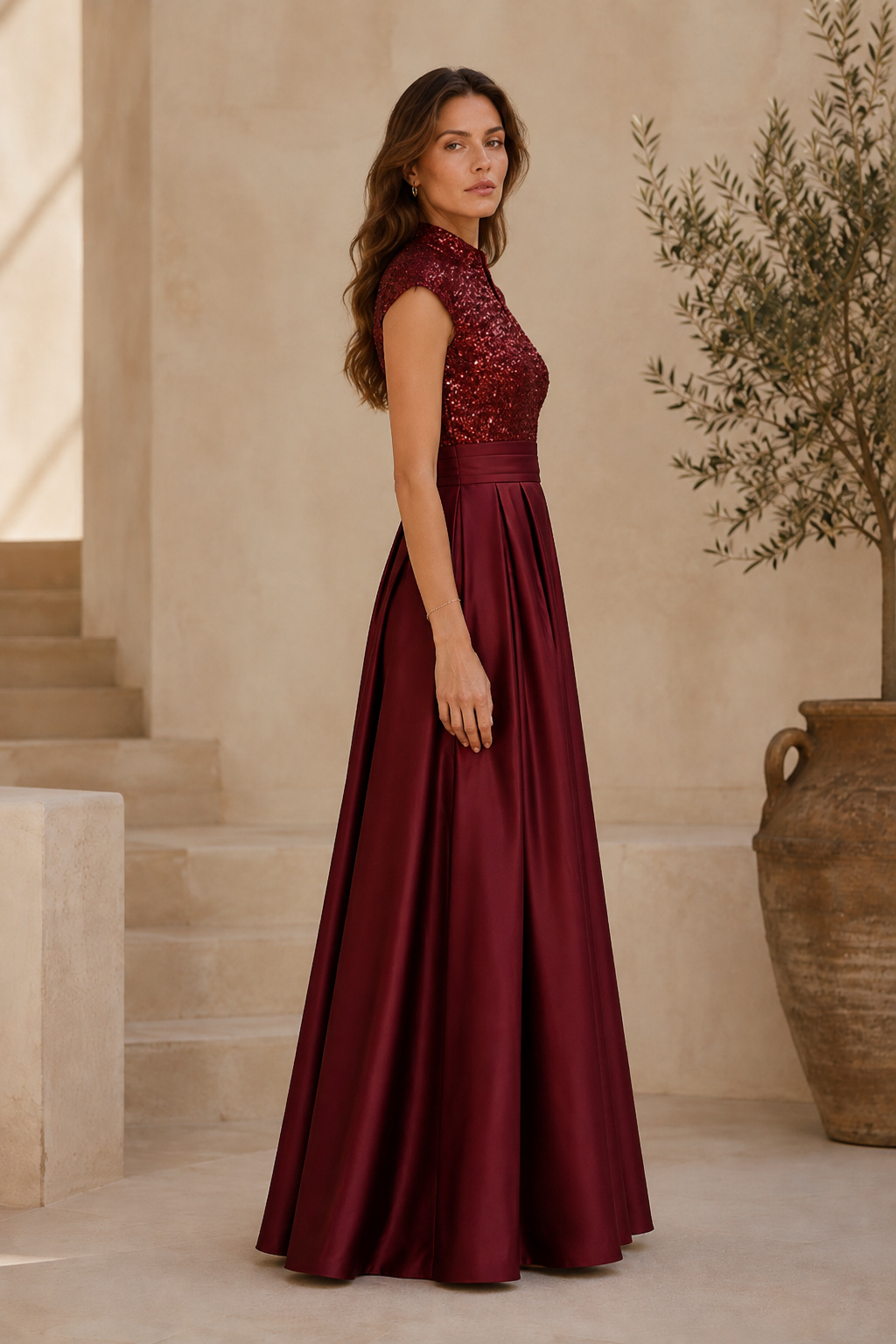Sequin Bodice Pleated Satin A-Line Gown