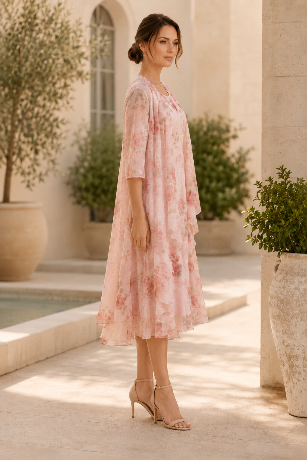 Floral Tiered Midi Dress with Sheer Jacket