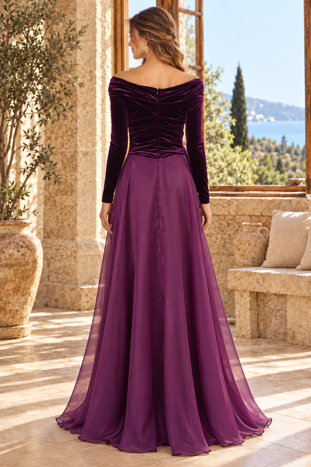 Off-the-Shoulder Velvet Bodice A-Line Gown