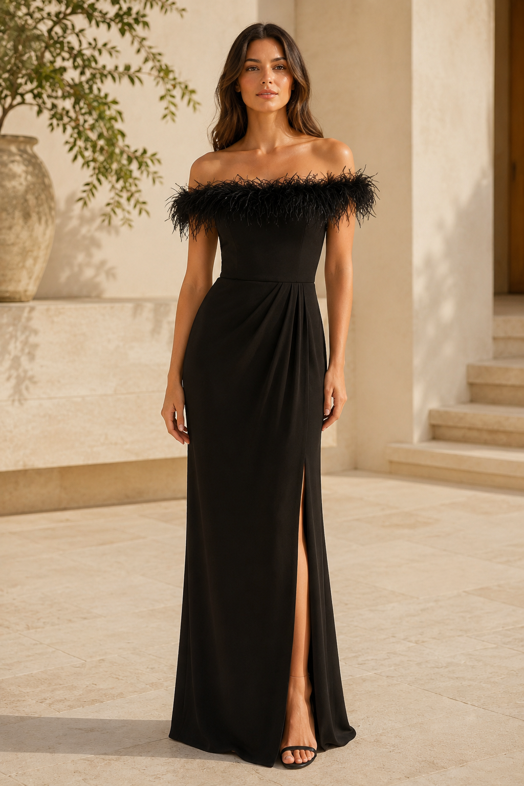 Feather Trim Off-Shoulder Evening Gown with Slit