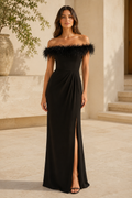 Feather Trim Off-Shoulder Evening Gown with Slit
