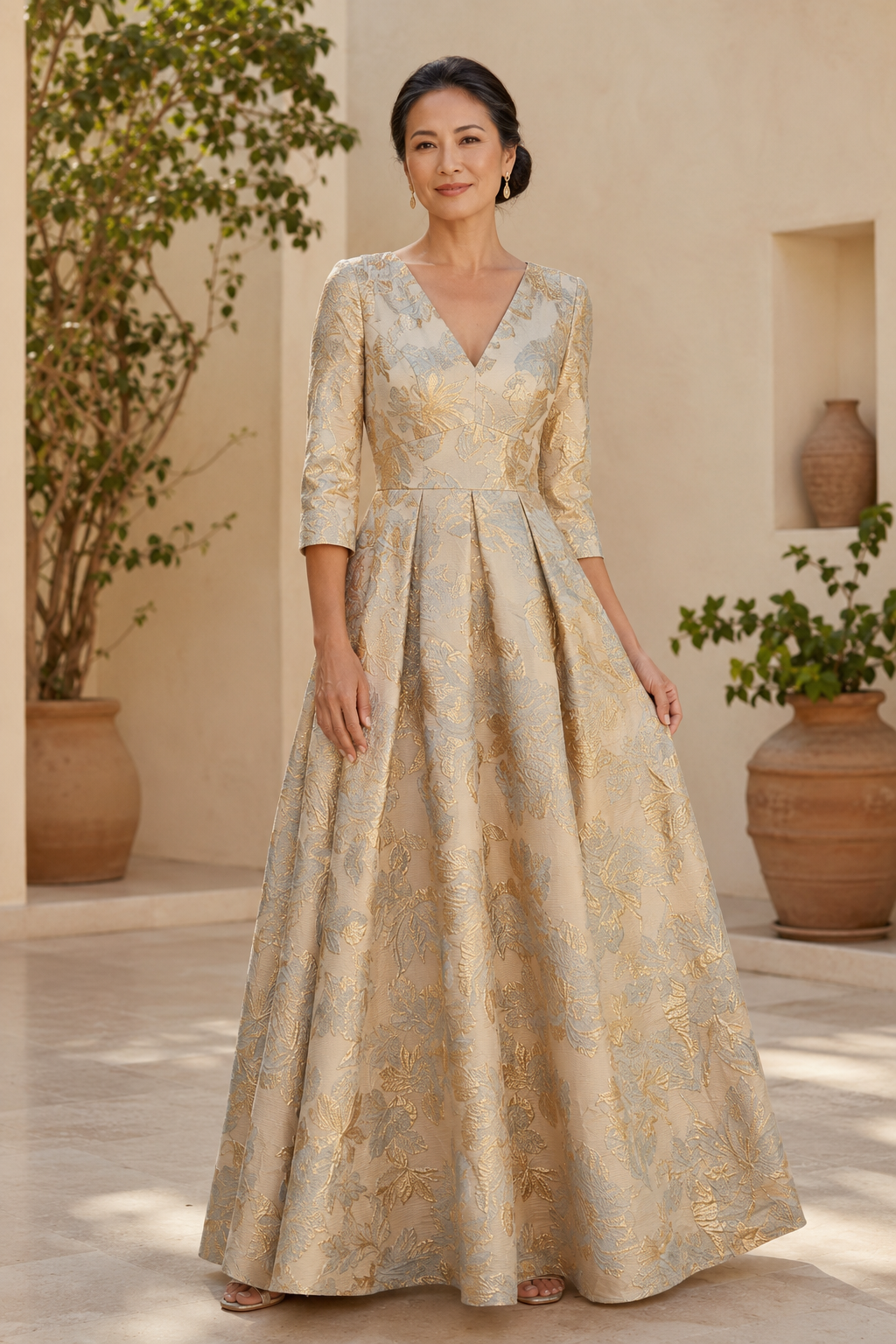 Floral Jacquard A-Line Gown with V-Back, 3/4 Sleeves