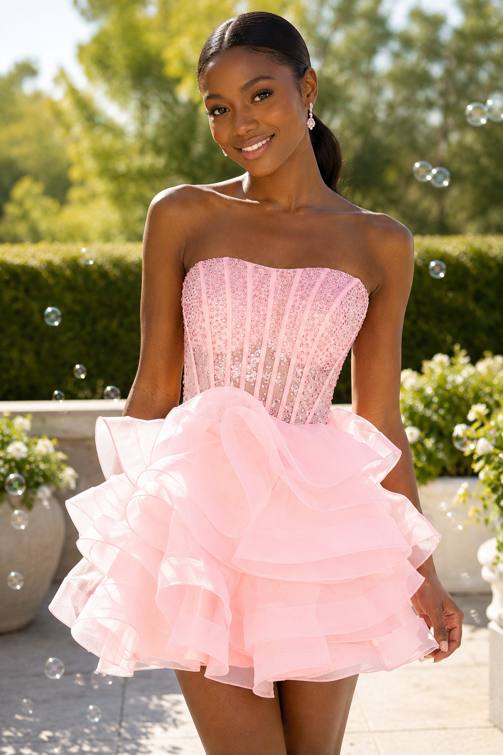 Strapless Ruffled Corset Organza Mini Dress