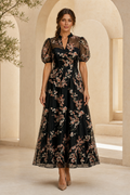 Floral Embroidered Puff Sleeve A-Line Midi Dress
