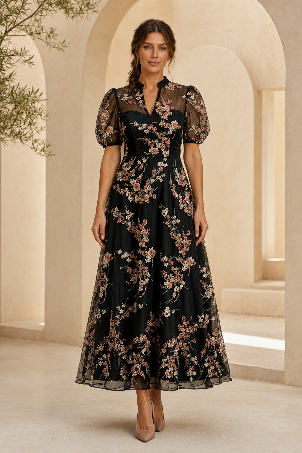 Floral Embroidered Puff Sleeve A-Line Midi Dress