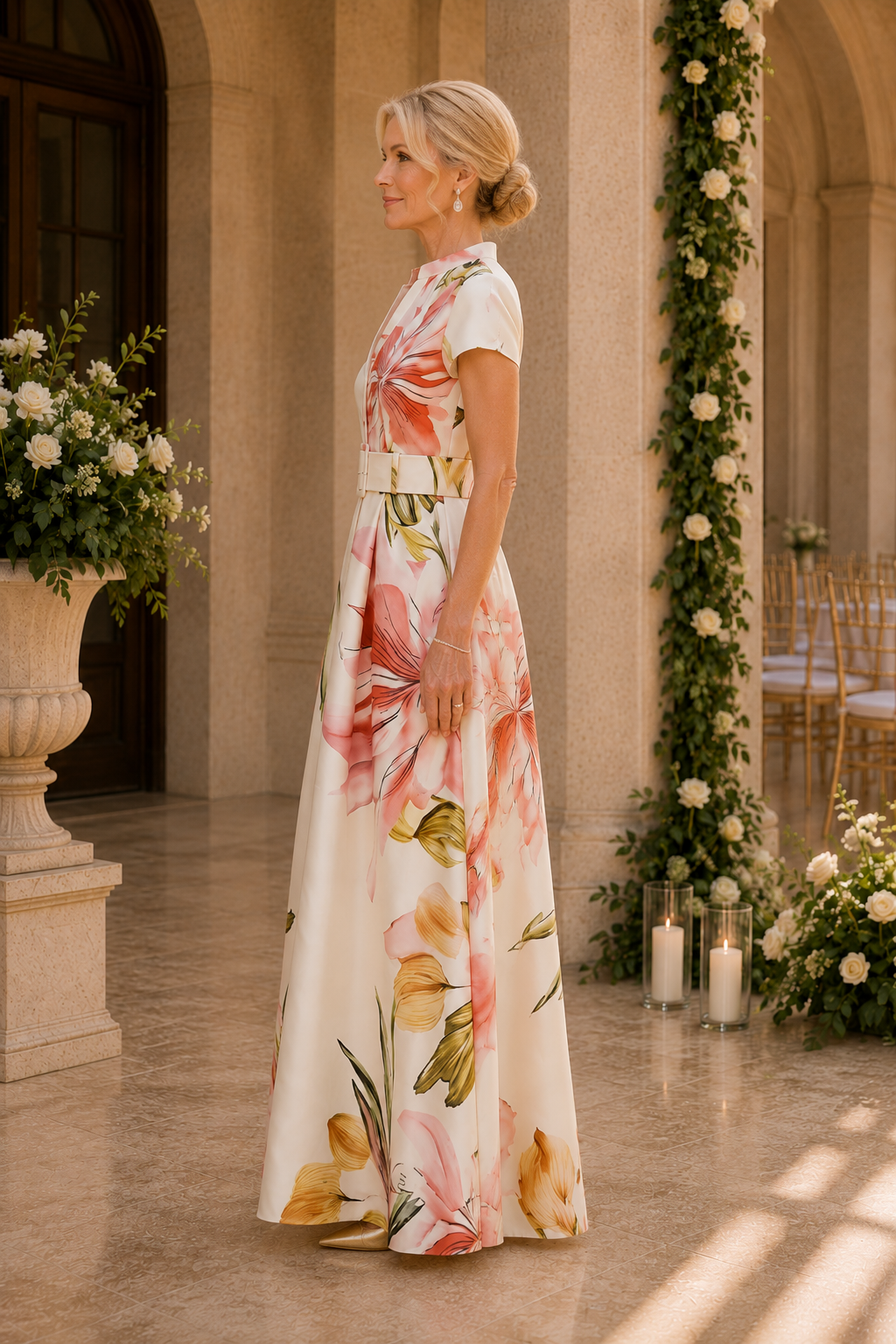 Floral Print Belted A-Line Maxi Dress with Sleeves