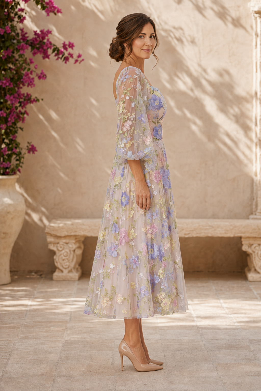 Floral 3D Applique Puff Sleeve Midi Dress