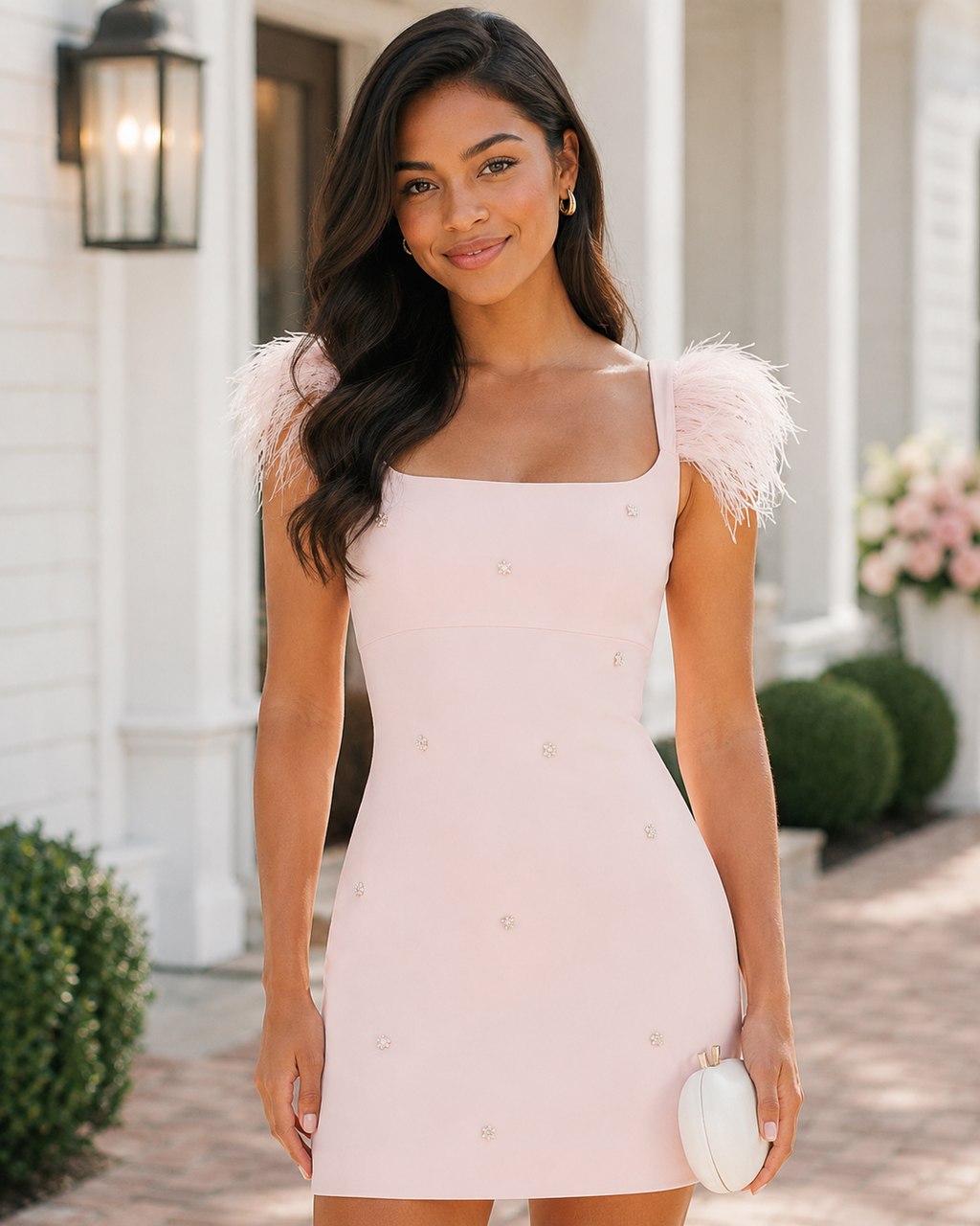 Feather Strap Square Neck Mini Dress