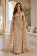 Off-the-Shoulder Lace Sheath Gown with Flowing Cape Sleeves