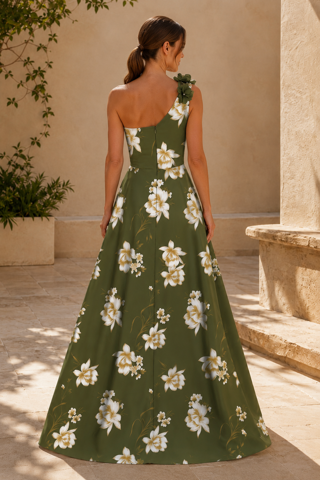 One-Shoulder Floral Satin A-Line Gown