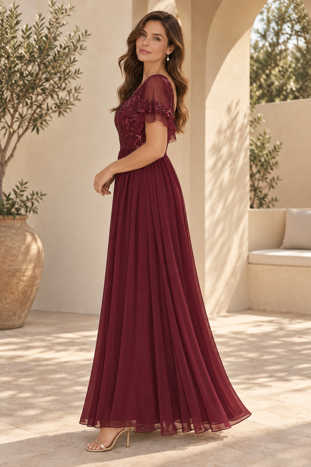 Sequin V-Neck Flutter Sleeve A-Line Maxi Dress