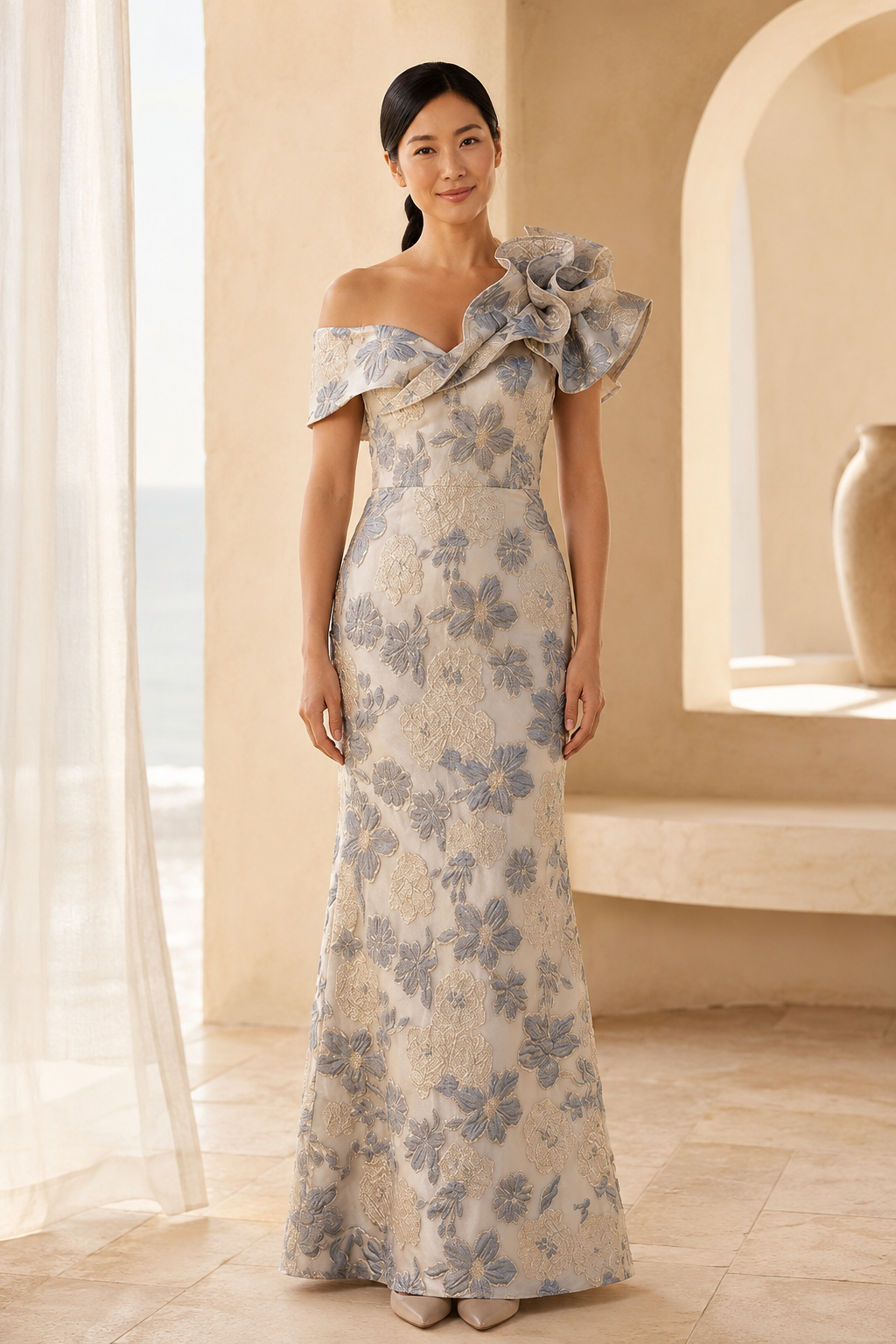 One-Shoulder Floral Jacquard Gown with Ruffle Trim